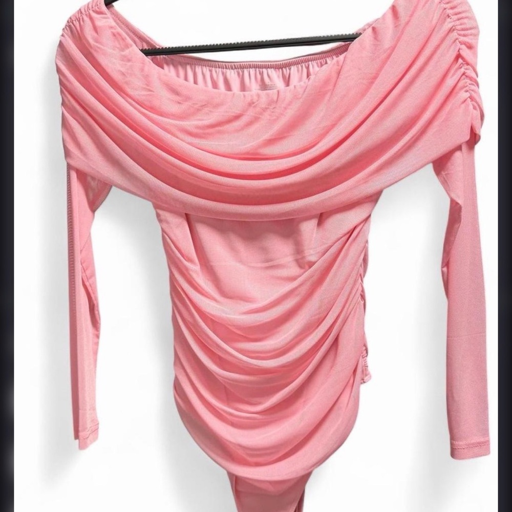 ReoRia Pink Off-Shoulder Draped Long Sleeve Bodysuit